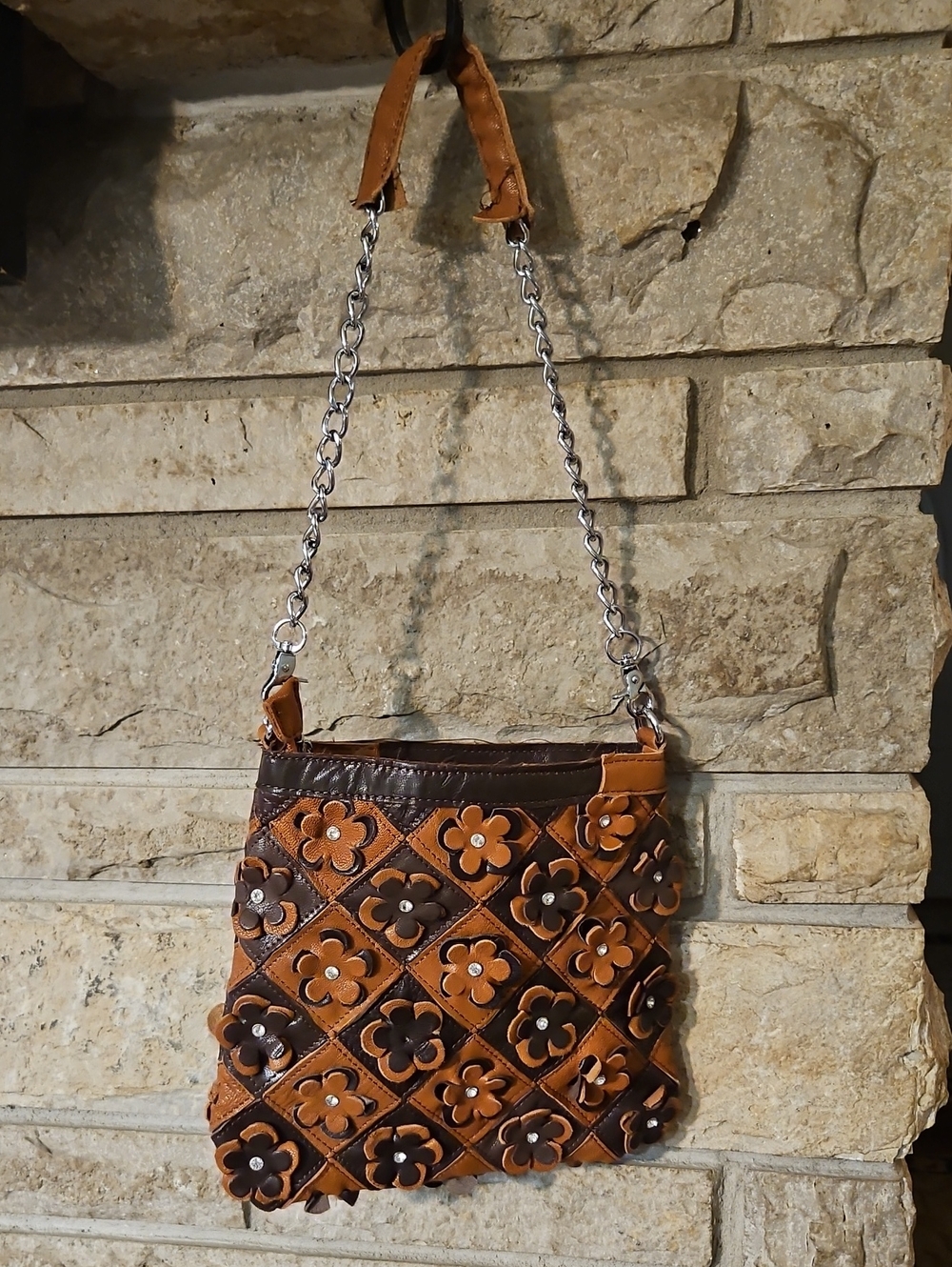 Handcrafted Floral Patchwork Leather Crossbody Bag - Brown/Tan